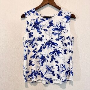 Premise Cottagecore Blue Floral Linen Blend Tank Top Coastal Grandma Boho Small